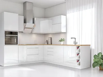 Produktbild von Winkelküche 250x270 cm Küchenblock Einbauküche Ohne Arbeitsplatte, Aspen K67-M250,  Weiß/Hochglanz