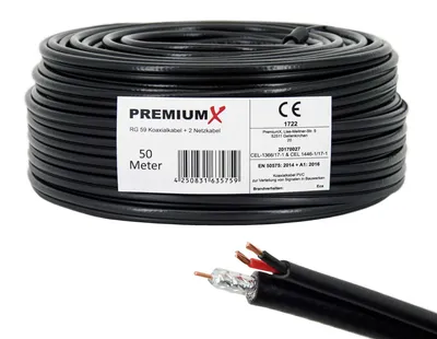 Produktbild von PremiumX 50m RG59 Koaxialkabel + 2 Netzkabel Eca Videobild und Stromversorgung