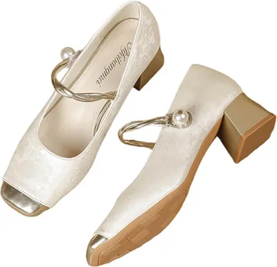 Produktbild von Mary Jane Damen-Schuhe mit 6 cm Blockabsatz – Elegante Brokat-Pumps mit Perlenverzierung, quadratische Zehe & Slip-On Design für Büro, Hochzeit & Party,Weiß,37 EU