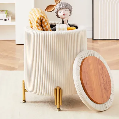 Productafbeelding van AIORBER Hocker, fluweel, zitbankje, 2-in-1 design, modern gestoffeerd met vergulde poten, met opbergruimte, voor slaapkamer, woonkamer, 35x35x46cm, crème