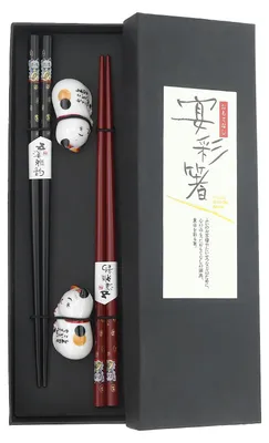 Sushi-Stäbchen-Set, 2 Paar, Holz, Keramik-Ablagen, Katzenmotiv, 25,5 cm
