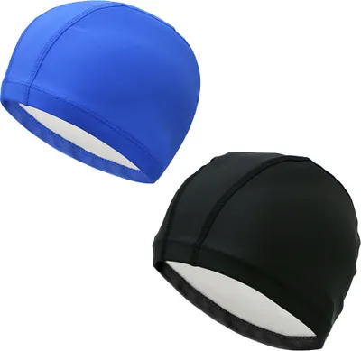 Produktbild von 2er Set PolyurethanSchwimmkappen, Wasserdicht, Ohrenschutz, Bequem, Unisex, Schwarz+Blau, Für Schwimmen, Hallenbad, Freibad, Training, Freizeit