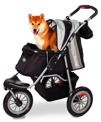 Produktbild von Hundewagen klappbar mit einer Hand Katzenwagen für Gelände & Strand – Innopet Hundebuggy Comfort EFA Eco Schwarz/Silber – pannensichere 30cm Räder, recycelter Nylonstoff Vorderrad fixierbar