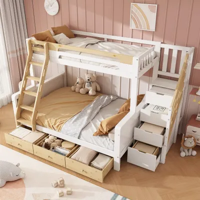 Productafbeelding van Stapelbed 90x200 cm (boven) en 140x200 cm (onder), van hout, in naturel wit, met opbergruimte in de trap, een ladder, 3 lades en een valbeveiliging, ideaal voor kinderkamers
