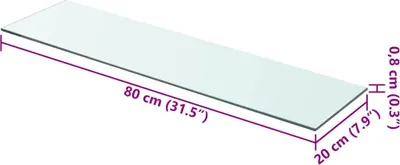 A transparent glass shelf with dimensions indicated.