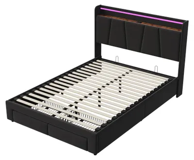 Produktbild von Polsterbett 160×200 cm - Bett mit Stauraum - Hydraulik-Lattenrost - USB-Ladeanschluss - LED-Lichtleiste - 2 Schubladen, bis 300 kg