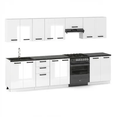 Zdjęcie produktu dla ULWEHOME Meble kuchenne Zestaw mebli kuchennych Kuchnia Milan 320cm | szafka • regał • blat • aneks kuchenny • nowa kuchnia | Biały Połysk 3,2 m