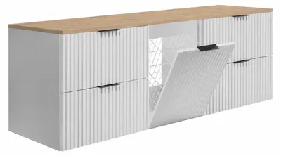 Immagine prodotto di Mobile sospeso per lavabo con cesto per la biancheria, colore bianco, maniglie dorate, dimensioni 160 x 46 x 57 cm, Immagine generata dall'IA