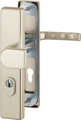 A close-up, studio shot of a door handle set with a keyhole.