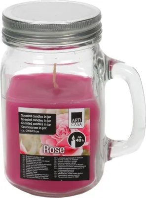 Produktbild von Duftkerze im Glas mit Henkel und Schraubverschluß, Brenndauer ca. 40 Std., Duft Rose