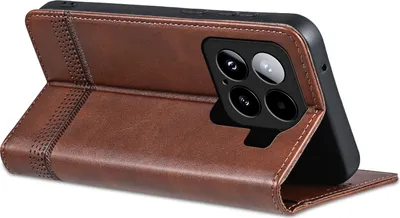 A brown leather flip case for a smartphone is shown from the side, with the phone partially inserted.