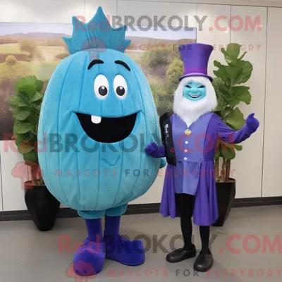 Produktbild von Maskottchenfigur REDBROKOLY einer blauen Rübe mit Etuikleid und Digitaluhren