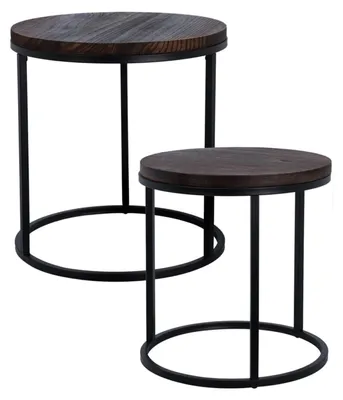 Image de Ensemble de 2 tables rondes en fer et en bois de paulownia