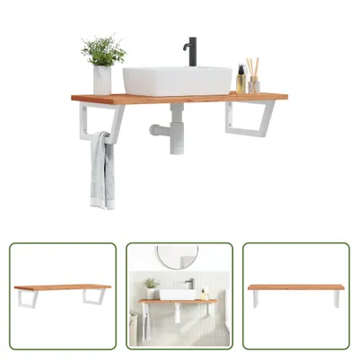 Image de The Living Store Étagère de lavabo murale en acier et bois massif de hêtre