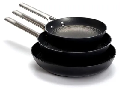 Produktbild von 3er-Set emaillierte Gusseisenpfannen in 20 + 24 + 28 cm - Edelstahlgriff - Wabenstruktur Antihaftbeschichtung PFOA-frei - feuerfest - schwarz