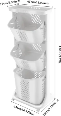 Image de Chariot à linge - 3 niveaux - Roulettes pivotantes à 360° - Plastique PP - Pour la salle de bains et la buanderie - Rangement sur roulettes