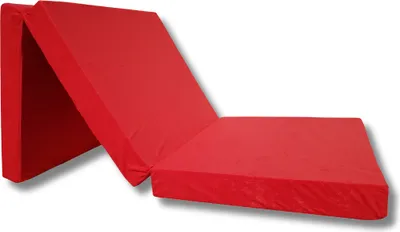 A red foldable mattress is shown on a white background.