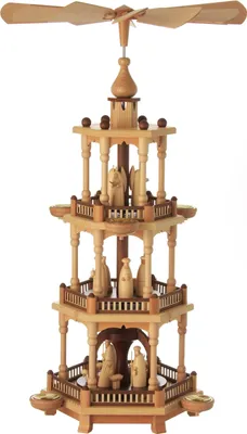 Zdjęcie produktu dla Trzypiętrowa piramida bożonarodzeniowa z naturalnego drewna z motywem narodzin Chrystusa – nadaje się do podgrzewaczy ŚW x W x G 37 x 67 x 37 cm NOWA