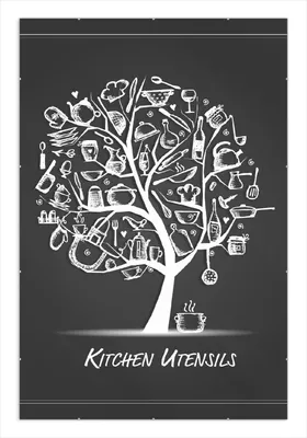 Produktbild von Wallario Wandbild Kitchen Utensils - Baum aus Küchenutensilien in schwarz weiß, Größe: 61 x 91,5 cm, Poster mit rahmenlosen Bildhalter