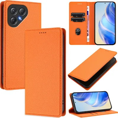 Produktbild von Litchi Leder Handyhülle für Tecno Pova 7 Neo Wallet Kartenfächer Standfunktion Hülle Orange