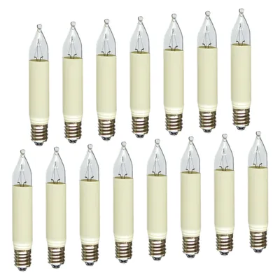A collection of 15 candle-shaped light bulbs arranged in rows on a white background.