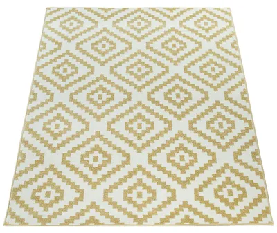 Produktbild von Kurzflor Wohnzimmer Teppich Pastell Geometrisches Ethno Muster Gelb Weiß Grösse 60x100 cm