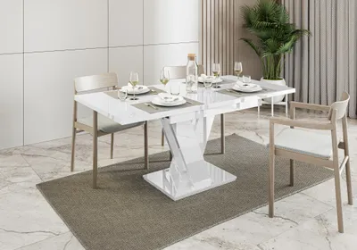 Produktbild von Esstisch MASIV, Stilvoll Ausziehbar Esszimmertisch, Design Tisch, Esszimmer (Weiss Hochglanz)