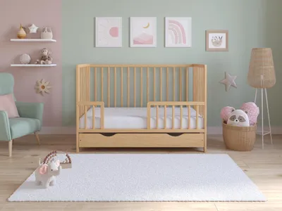 Produktbild von Asher Babybett 120x60 cm mit gesteppter Mikrofaser-Schaummatratze – Umwandelbares Holz-Kinderbett zum Juniorbett mit großer Schublade und inkludierte