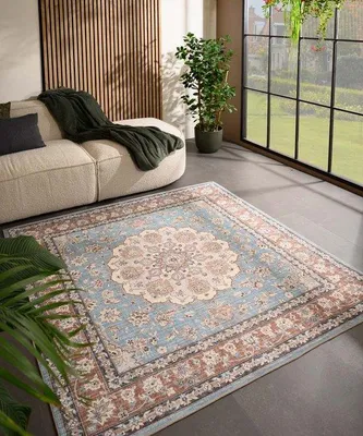 Image de Tapis d'extérieur vintage Unyqoos® Valenca Nova – forme carrée, bleu clair/beige, 200 x 200 cm, structure en maille 3D, lavable, pour intérieur et extérieur