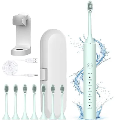 Image de Brosse à dents électrique, brosse à dents sonique avec 8 têtes de brosse, 42 000 vibrations par minute, 6 modes, brosse à dents électrique avec étui de voyage, autonomie de 90 jours, IPX7, minuterie intelligente de 2 minutes, bleu