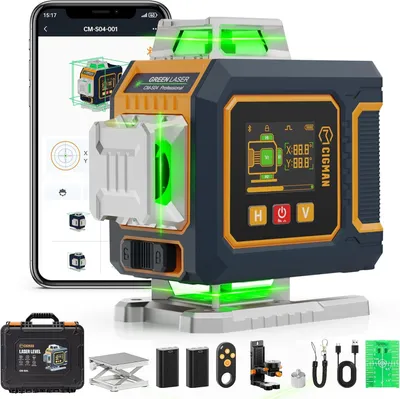 A laser level and its accessories are displayed on a white background, with a smartphone showing the product's app in the background.
