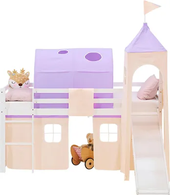 Produktbild von Homestyle4u Hochbett 90x200 Kinder Weiß Rutsche mit Tunnel und Turm Kinder Weißbett Set mit Matratze ® Standard 100 Spielbett