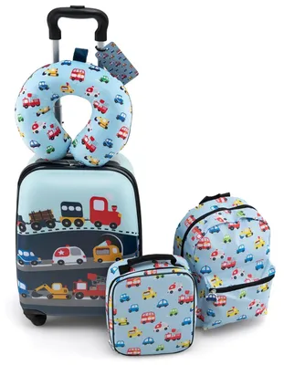 Immagine prodotto di Set da viaggio per bambini - Trolley e zaino - Set da 5 pezzi - Contenitore per il pranzo - Etichetta per valigia - Cuscino da viaggio - Poliestere - Azzurro