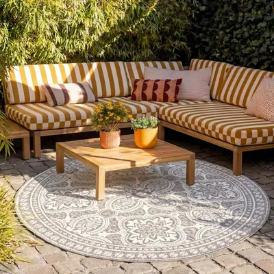 Produktbild von Volero - Outdoor Teppich Rund - Summer Oriental Hellgrau - Ø 100 cm - Balkon, Garten, Terrasse - Boho, Modern