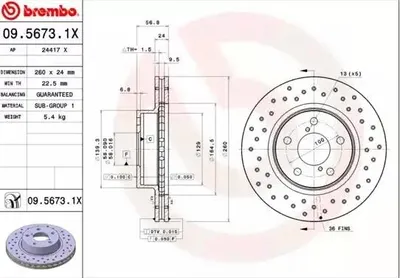 Produktbild von 2x BREMBO Bremsscheibe 09.5673.1X für SUBARU IMPREZA Schrägheck (GR GH G3)