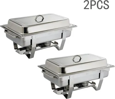 Image de Réchauffeur de plats - Set de réchauds 2 pièces - Acier inoxydable - Rectangulaire - Avec couvercle, bac à eau et bac à aliments - Réservoir à combustible - Blanc