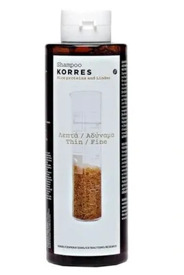 A bottle of Korres shampoo for thin/fine hair.