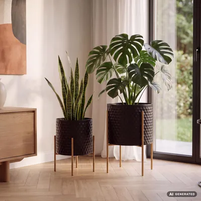 Produktbild von FineBuy Blumentopf 2er Set Metall Pflanzkübel Schwarz / Gold mit Füßen Design Pflanzenkübel Rund Indoor Blumenkübel Pflanzgefäß mit Waben-Muster in 3D, KI-generiertes Bild