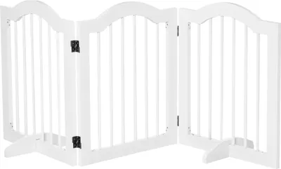 Zdjęcie produktu dla Barierka dla psa Bramka ochronna dla psa Konfiguracja bramki dla psa 3-częściowa z dwiema nóżkami stabilny składany MDF biały 154,5x29,5x61 cm