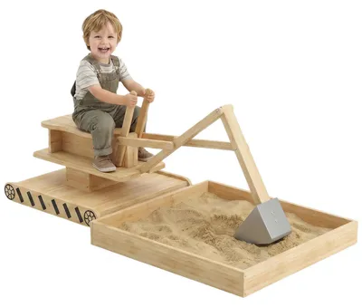 Produktbild von Holz Sandkasten für Kinder - Sandkiste mit Baggerarm - 360° drehbarer Sitz - 184x90x56 cm - Mit Bodenplane - Naturholz