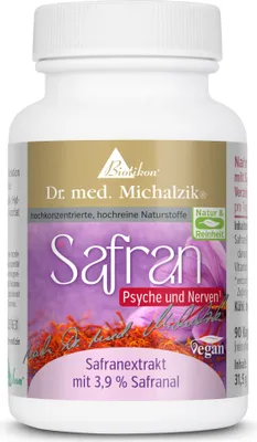 A white bottle of Dr. med. Michalzik Safran supplements against a white background.