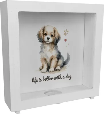 Produktbild von niedlicher Hund Rahmen Spardose aus Holz mit Spruch life is better with a dog