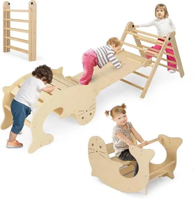 Imagen del producto de Silecomplaza, estructura de escalada triangular con tobogán, parque infantil interior de 7 en 1, a partir de 3 años. Estructura de escalada triangular plegable y con altura ajustable. Parque infantil interior de diseño libre (estilo natural)