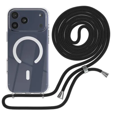 Produktbild von EAZY CASE - Handykette kompatibel mit Apple iPhone 17 Pro Max, Kette zum Umhängen, Handyhülle stoßfest, Silikonhülle mit Band, Transparente Hülle, Band in Schwarz