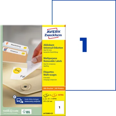 Produktbild von Avery Zweckform L4735REV-25, Universal-Etiketten, ablösbar, A4, 210 x 297 mm, 30 Etiketten / 30 Bögen, weiß