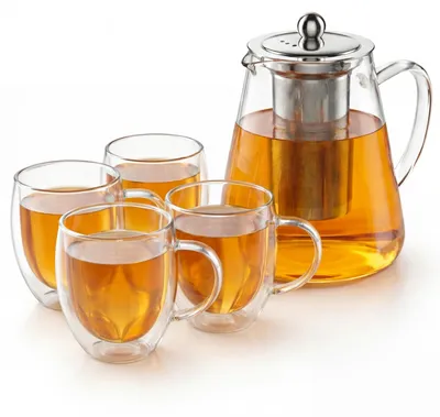 Produktbild von Arendo Teekanne Glas 1,2 l, Edelstahlsieb und 4 Thermogläsern 350 ml, doppelwandige Gläser mit Henkel, aus Borosilikatglas, Glaskanne, 6 Teile, transparent-silber