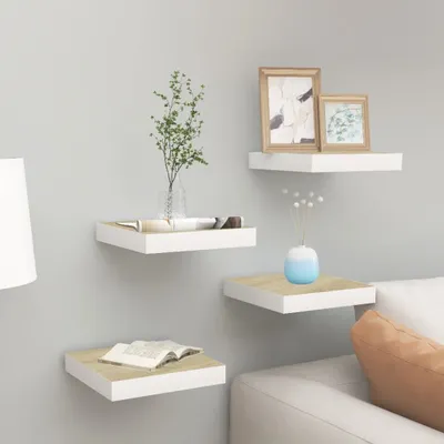 Obrázok produktu pre Maison Exclusive – Zavesené police, 4 ks, vzhľad dubového dreva a biela farba, 23 x 23,5 x 3,8 cm, MDF