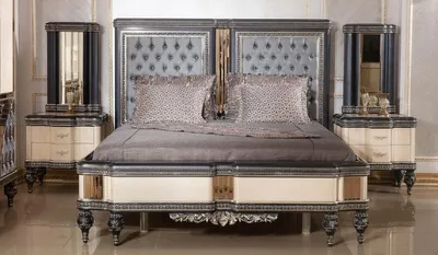 Produktbild von Casa Padrino Luxus Barock Schlafzimmer Set Hellblau / Beige / Schwarz / Gold - 1 Barock Doppelbett mit Kopfteil & 2 Barock Nachtkommoden - Luxus Schlafzimmer Möbel im Barockstil - Barock Interior