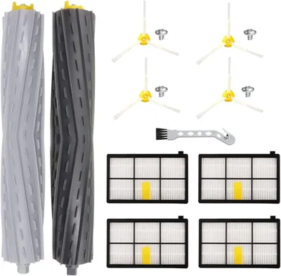 A set of replacement parts for a robotic vacuum cleaner, including brushes, filters, and a cleaning tool.