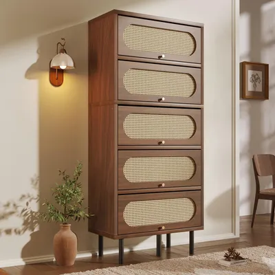 Produktbild von Flieks Rattan Kommode Sideboard mit 5 Klappen, Hochschrank Highboard mit Metallbeinen, Wohnzimmerschrank Anrichte 80x40x163cm, Walnut